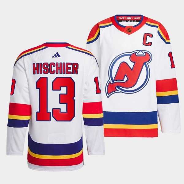 Men%27s New Jersey Devils #13 Nico Hischier White 2022-23 Reverse Retro Stitched Jersey Dzhi->new york rangers->NHL Jersey